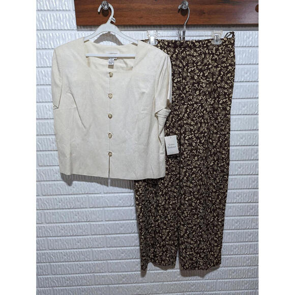 Talbots Plus Size Cream Linen Top Brown Rayon Floral Pant Suit Size 20 NWT - Picture 1 of 9